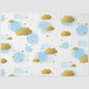 Papel De Seda Nuvens de Aquarela Azul Douradas Estrelas Céu