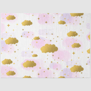 Papel De Seda Nuvens de Aquarela Rosa Douradas Estrelas Céu