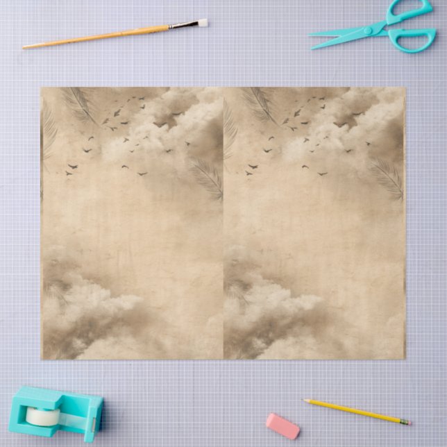 Papel De Seda Nuvens Pássaros Penas Céu Pastel Colagem (Arte )