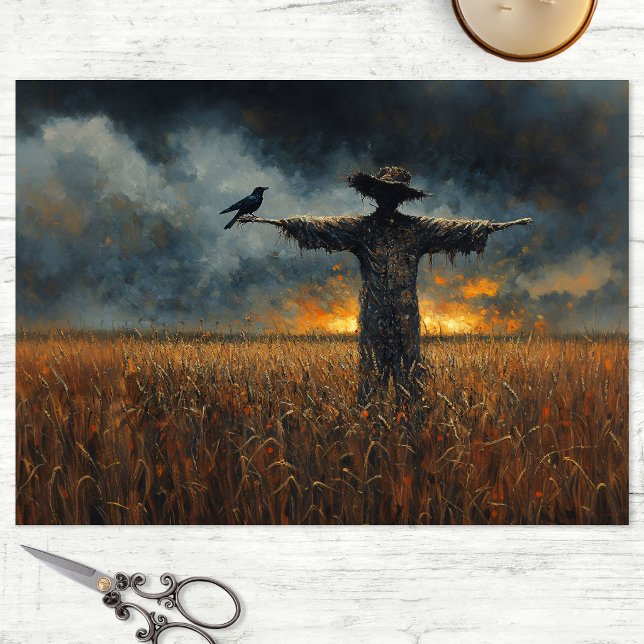 Papel De Seda O Relógio Decoupage do Espantalho (Decoupage tissue paper sheet with a scarecrow in a corn field with a crow perched on its arm.)
