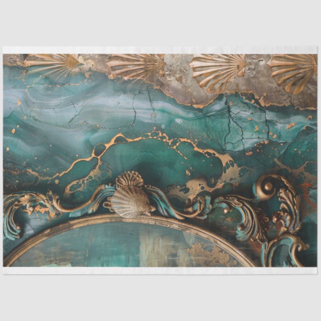 Papel De Seda Oceano Abstrato & Conchas, Arte de Mídia Mista (Frente )