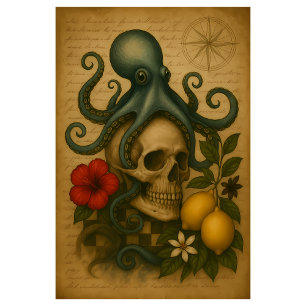 Papel De Seda Octopus Decor Gótico Náutico do Crânio com Limões