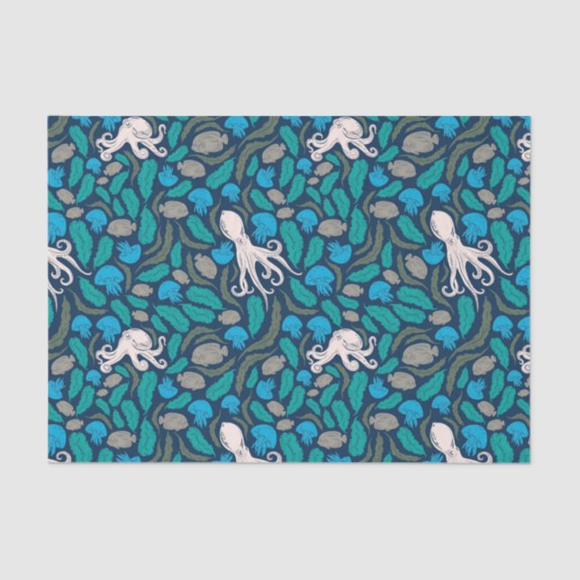 Papel De Seda Octopus Jellyfish Padrão Azul-Teal (Frente )