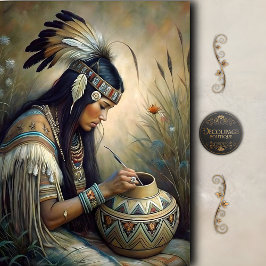 Papel De Seda Oleiro Nativo Pintando Pote Decoupagem