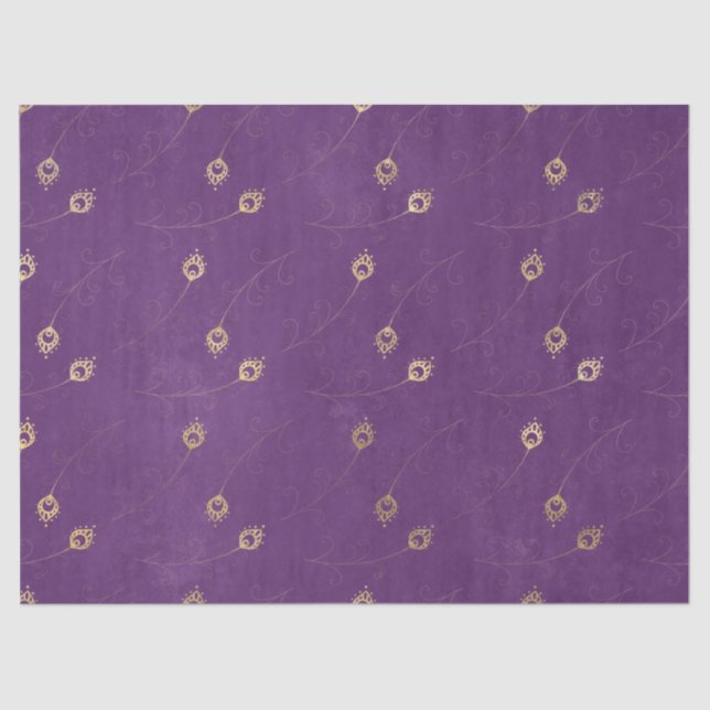 Papel De Seda Olho Dourado de Abstrato das Penas de Pavão em Púr (Frente )