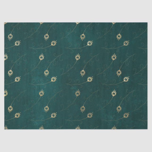 Papel De Seda Olho Dourado de Abstrato das Penas de Pavão em Ver (Frente )