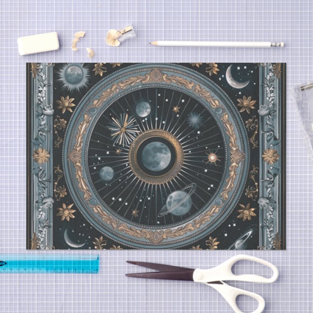 Papel De Seda Órbita Lunar Celestial Dourada com Astral Detalhad (Arte )