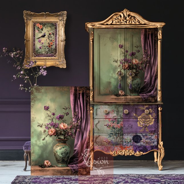 Papel De Seda Oriental Aestética Chinoiserie Floral Ainda Vida (Oriental Aesthetics, Chinoiserie Still Life Vase & Floral, Decoupage Tissue Paper.)