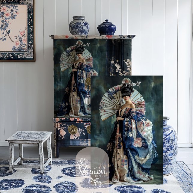 Papel De Seda Oriental - Elegante Geisha - Retrato (Elegant Geisha Portrait Beauty, cherry blossom & fan couture, furniture decoupage tissue paper)