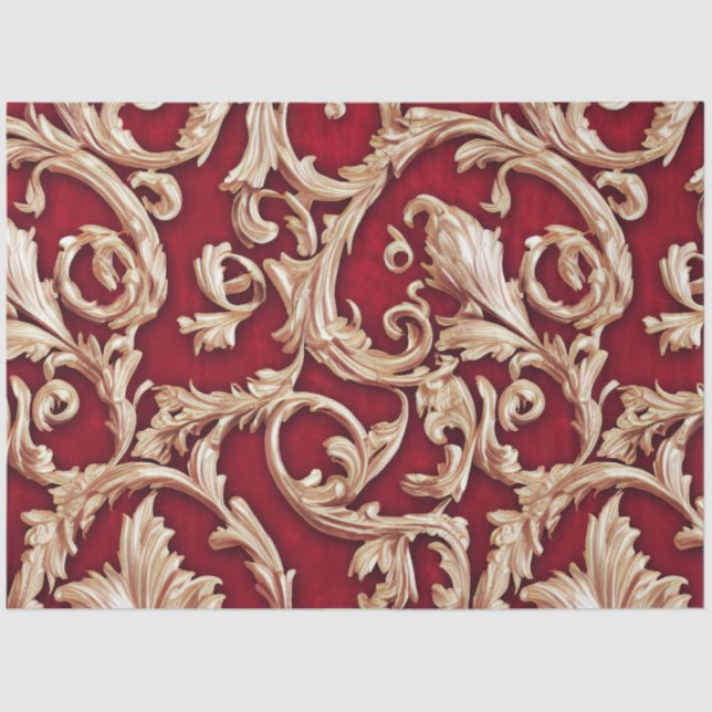 Papel De Seda Ornamentado Dourado Barroco Floral Damasco Vermelh (Frente )