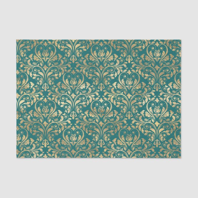 Papel De Seda Ornamentado Teal e Folha de Ouro (Frente )