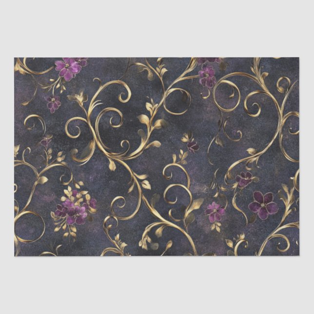Papel De Seda Orquídea Botânica de Meia-Noite Dourada (Frente )