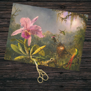 Papel De Seda Orquídea de Cattelya brasileira e 3 beija-flores