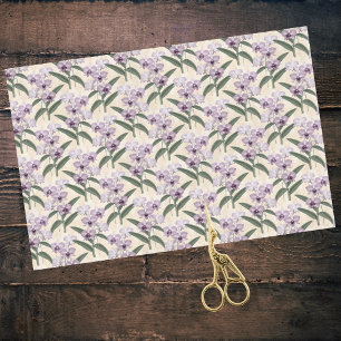 Papel De Seda Orquídeas Brancas Roxas Delicadas em Creme Vintage