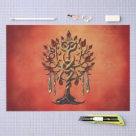 Papel De Seda Ouro da árvore da vida com pedras vermelhas