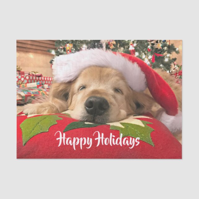 Papel De Seda Ouro de Natal Cachorro Adolescente Dormindo em Árv (Frente )