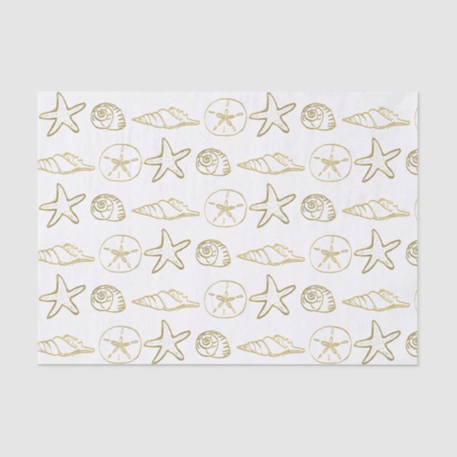 Papel De Seda Ouro em Folha Conchas de Mar Chic Praia Elegante B (Frente )