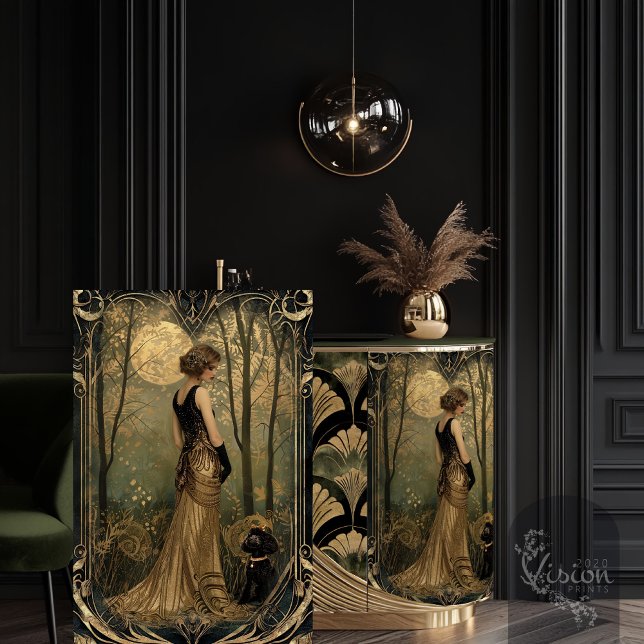 Papel De Seda Ouro Gatsby Hour Flapper Sunset Retrato (Golden Gatsby Hour Elegant Flapper Portrait 1920's Nouveau, Decoupage Tissue Paper.)