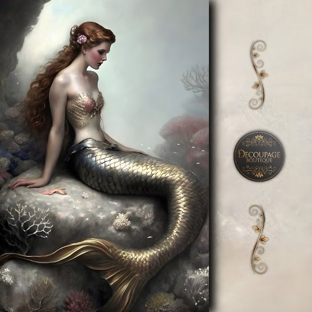 Papel De Seda Ouro Personalizado de Discussão de Sereia Fantasia (Golden Tailed Mermaid Fantasy Decoupage Tissue Paper)