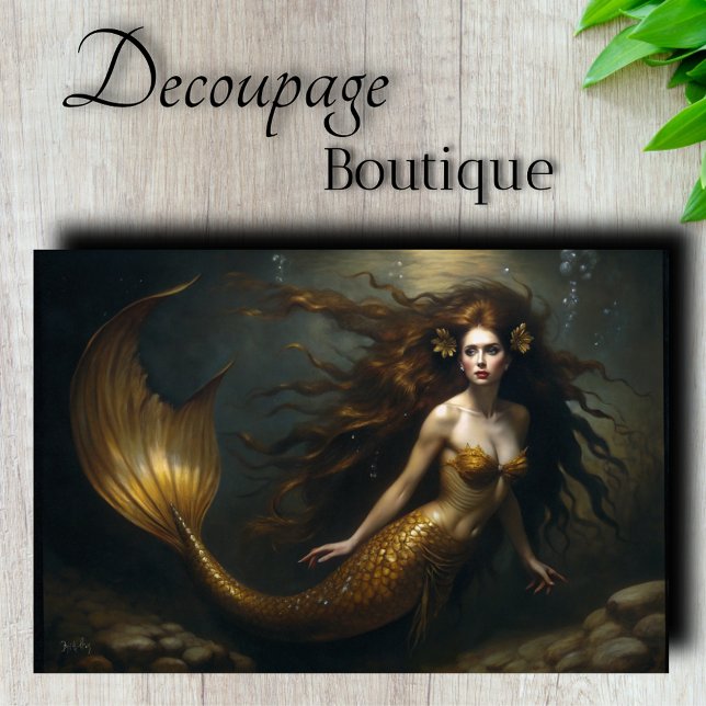 Papel De Seda Ouro Sereia Fantasy - Decoupage do Tema Oceânico (Golden Mermaid Fantasy Decoupage Tissue Pager)