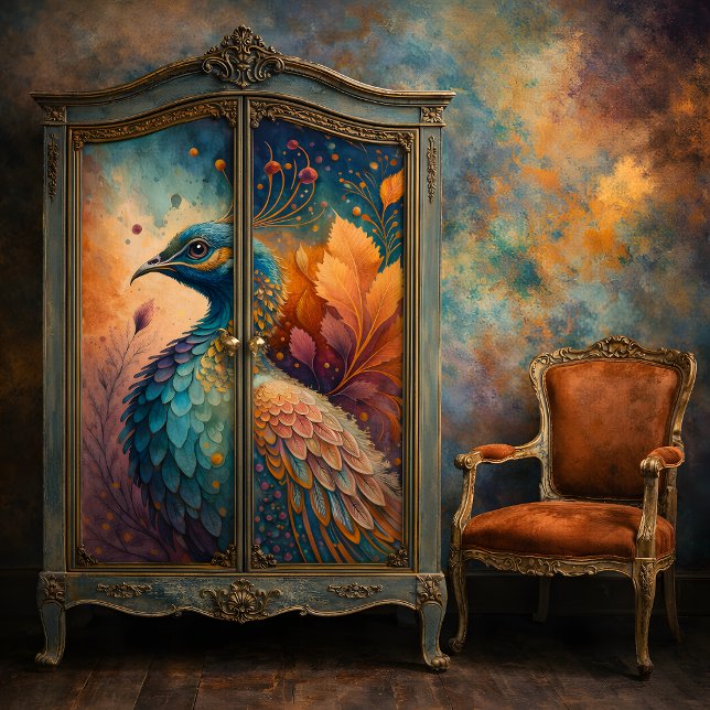 Papel De Seda Outono Pavão Tom Joia Pássaro Decoupage (Autumn Peacock Decoupage Tissue Paper Mockup)