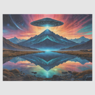 Papel De Seda OVNI paira sobre Montanhas Coloridas e Lago