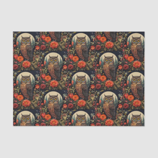 Papel De Seda Owl at Night with a Full Moon Pattern (Frente )
