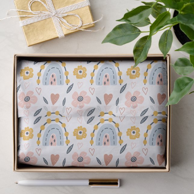 Papel De Seda Padrão Arco-íris Boho e Corações Doces (Presente)