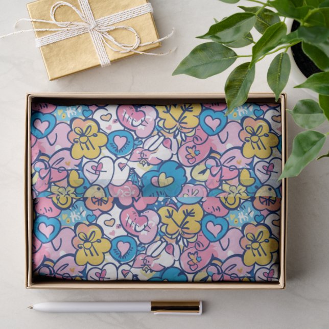 Papel De Seda Padrão Artístico de Corações Doodle Retro Fofo  (Presente)