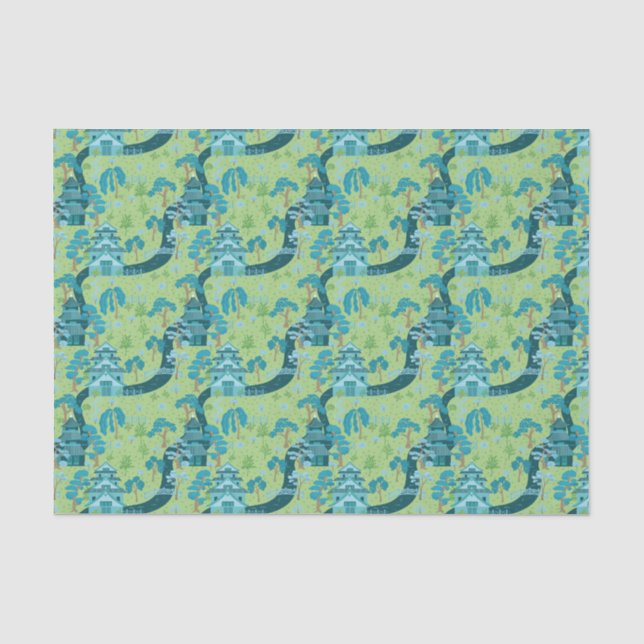 Papel De Seda Padrão Asiático Azul Verde (Frente )