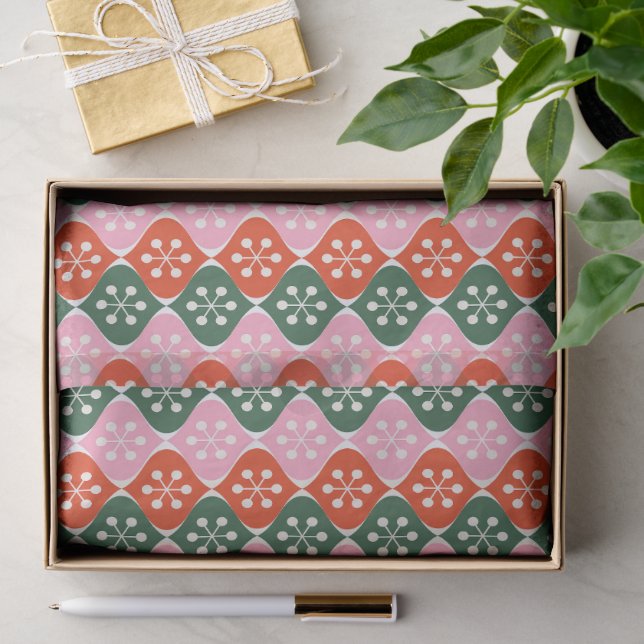 Papel De Seda Padrão Atômico Retro Mid Mod Rosa Verde Natal (Presente)