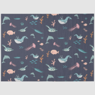 Papel De Seda Padrão Azul de Animais do Mar do Oceano de Aquarel