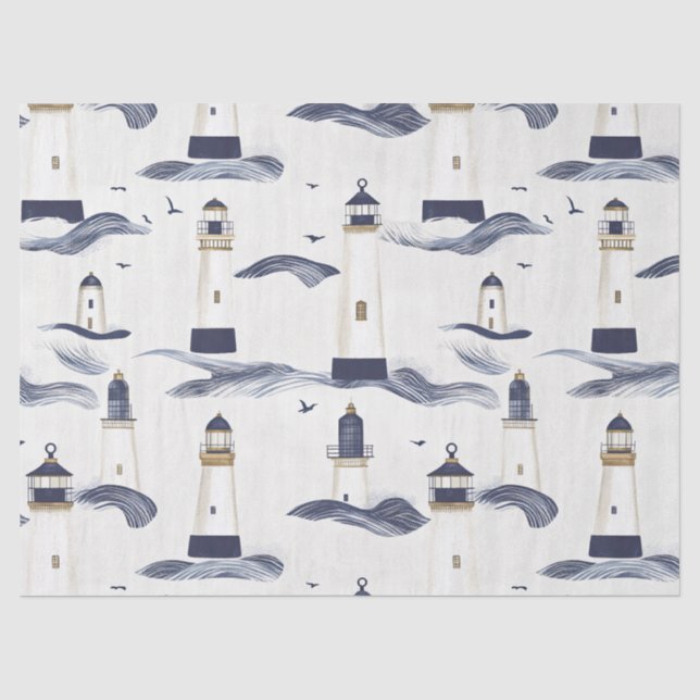 Papel De Seda Padrão Azul de Farol Náutico Costeiro (Frente )