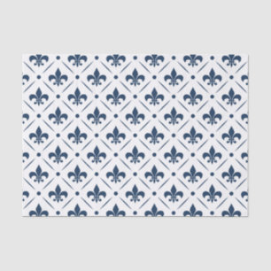 Papel De Seda Padrão azul escuro Fleur De Lis sobre fundo branco