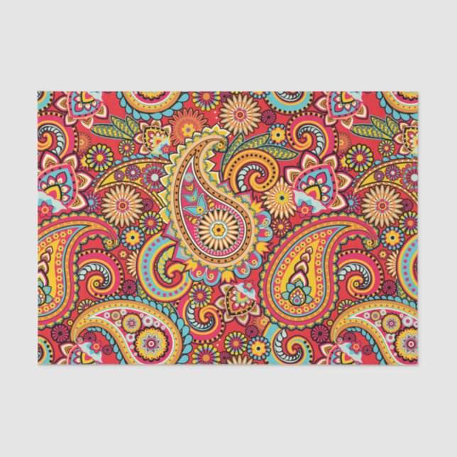 Papel De Seda Padrão boêmico vermelho brilhante Floral paisley (Frente )