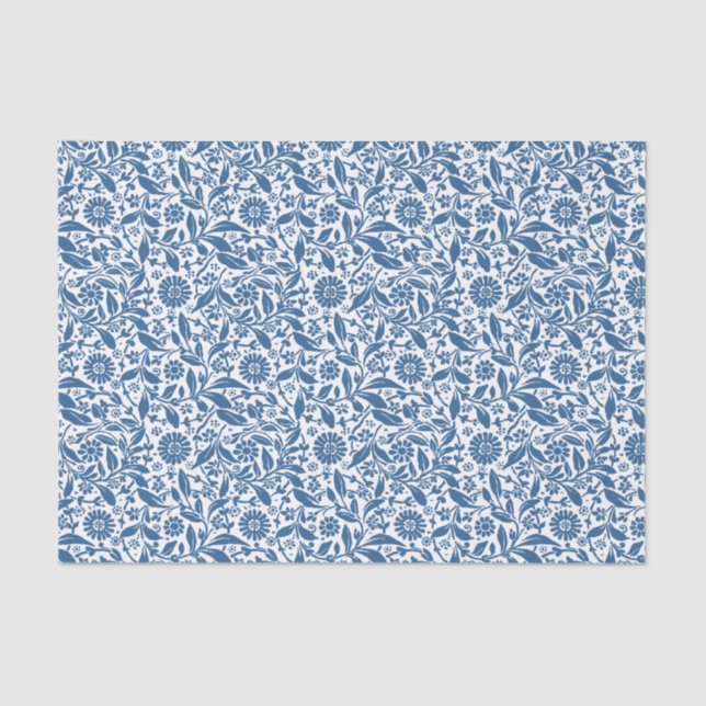 Papel De Seda Padrão Bonito de Floral Branco e Azul (Frente )