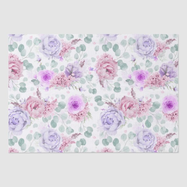 Papel De Seda Padrão Botânico de Flores Roxas e Rosadas Empoeira (Frente )
