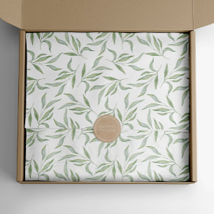 Papel De Seda Padrão Botânico de Folhas de Aquarela Verde e Bran