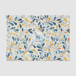 Papel De Seda Padrão Botânico de Folhas em Azul Marinho, Turques