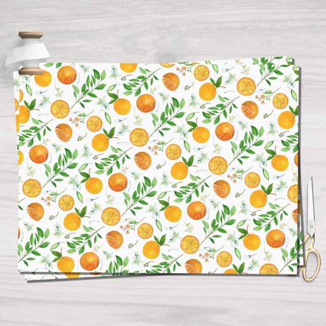 Papel De Seda Padrão Botânico Floral de Verão de Citrus Laranja (In situ)