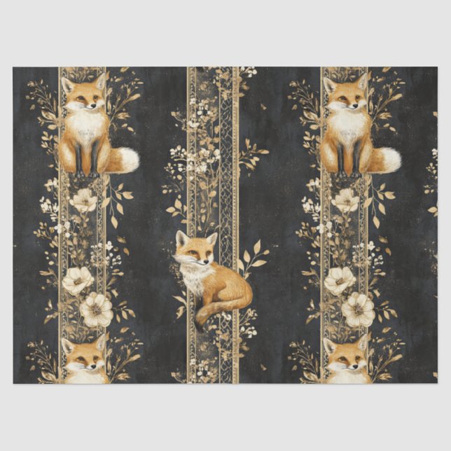 Papel De Seda Padrão Botânico Fox Vitoriano Ouro Preto (Frente )