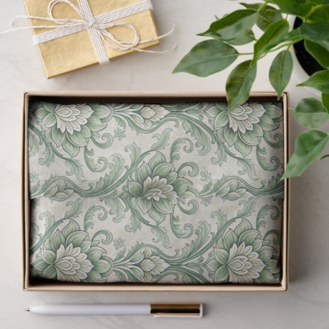 Papel De Seda Padrão botânico verde vintage (Presente)