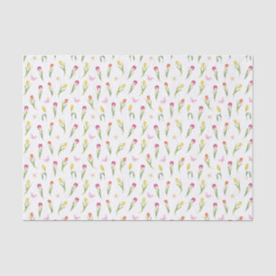 Papel De Seda Padrão Branco de Tulipas & Borboletas