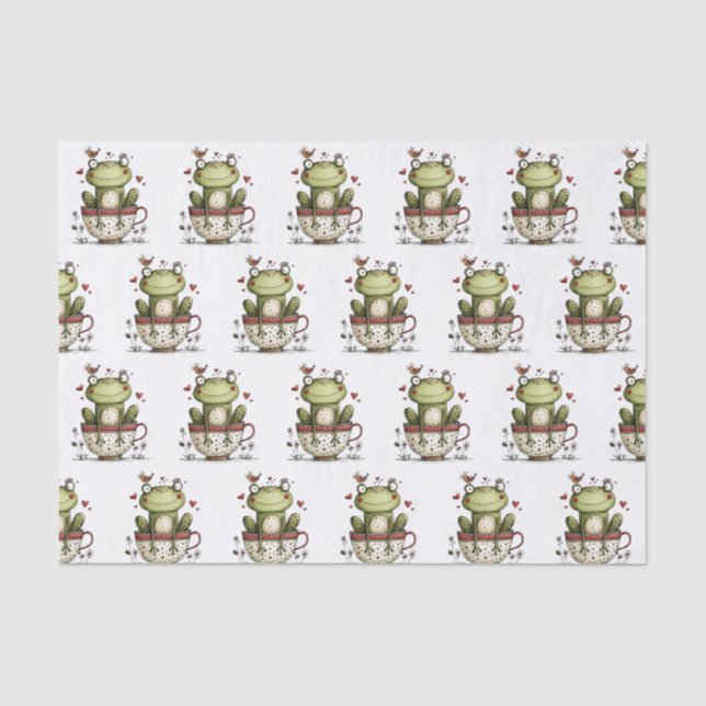 Papel De Seda Padrão Caprichoso de Xícara de Chá com Sapo Verde  (Frente )