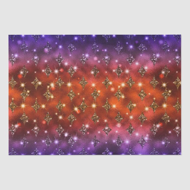 Papel De Seda Padrão Celestial com Brilho em Ombre Roxo e Laranj (Frente )