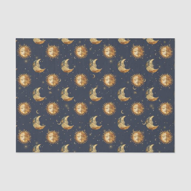 Papel De Seda Padrão Celestial do Sol & Lua Estrela Dourada Notu (Frente )