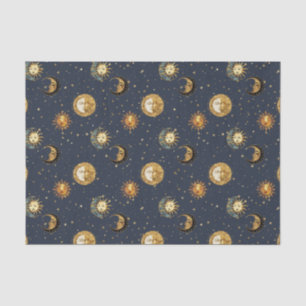 Papel De Seda Padrão Celestial Sol & Lua Noite Estrelada Dourada