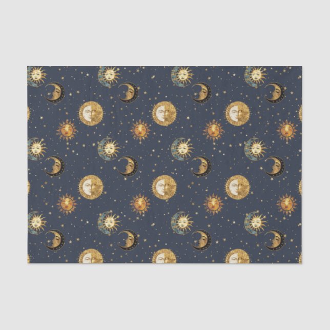 Papel De Seda Padrão Celestial Sol & Lua Noite Estrelada Dourada (Frente )