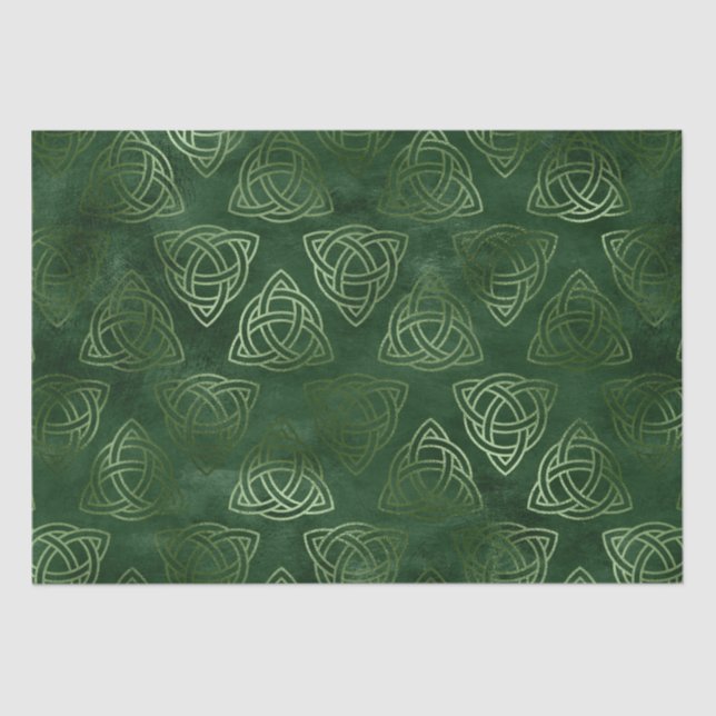 Papel De Seda Padrão Celta Elegante Verde e Dourado (Frente )