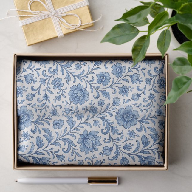 Papel De Seda Padrão Clássico de Arte Floral Azul Delfts (Presente)
